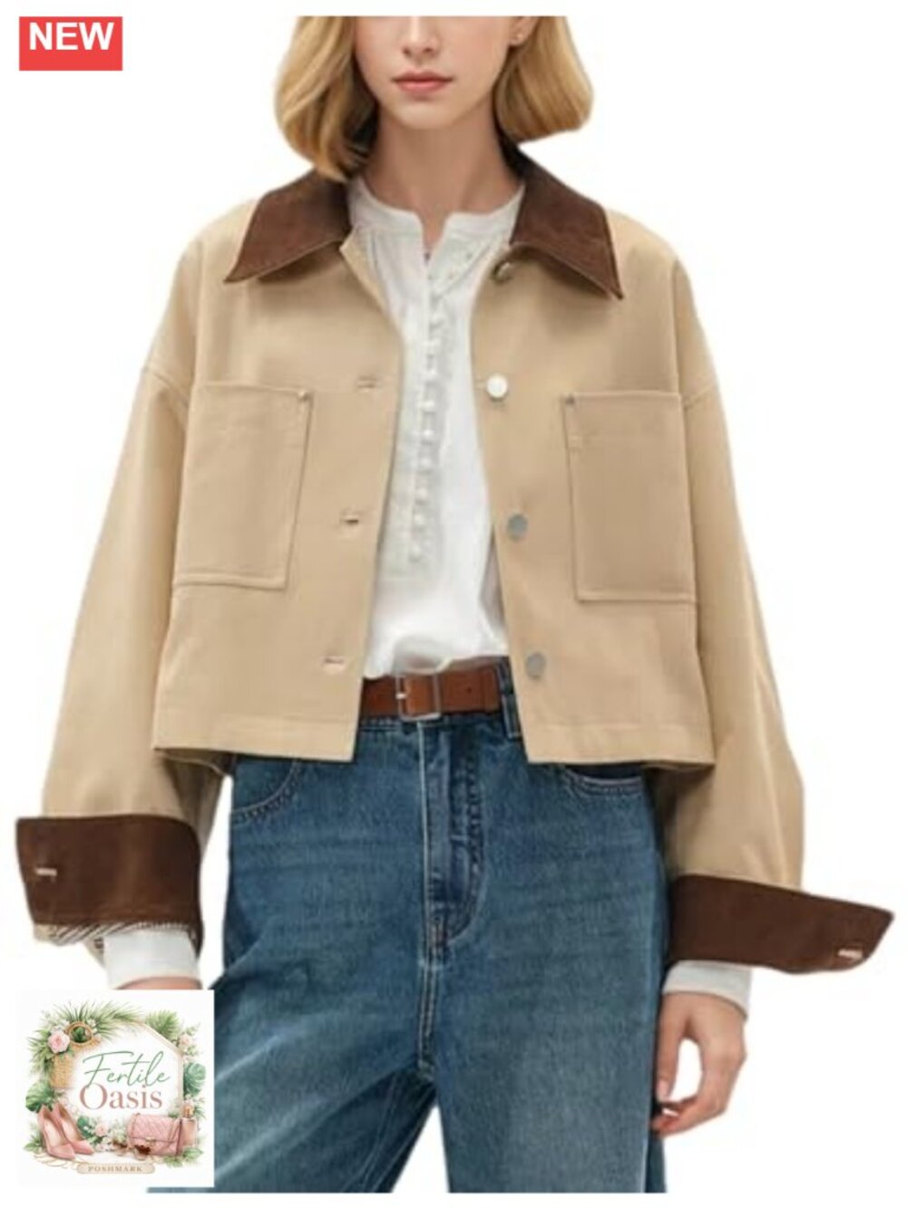 Cropped Barn Jacket Contrast Corduroy Collar Long Sleeve Button Utility Coat